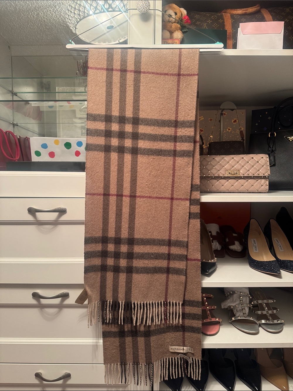 Burberry Beige Plaid Wool Wrap Scarf with Fringe
